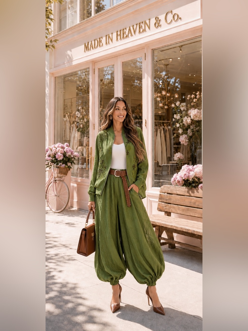 Olive Green Embroidered A-Line Wide-Leg Set by